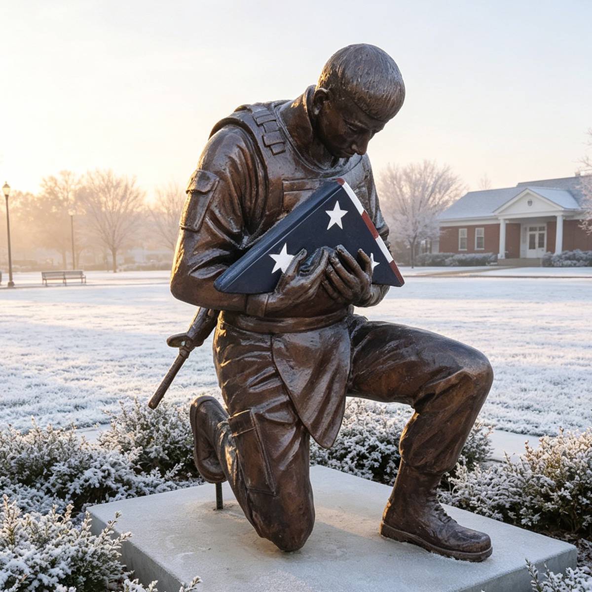 Bronze Realistic Kneeling Soldier with Flag Sculpture EFB-14