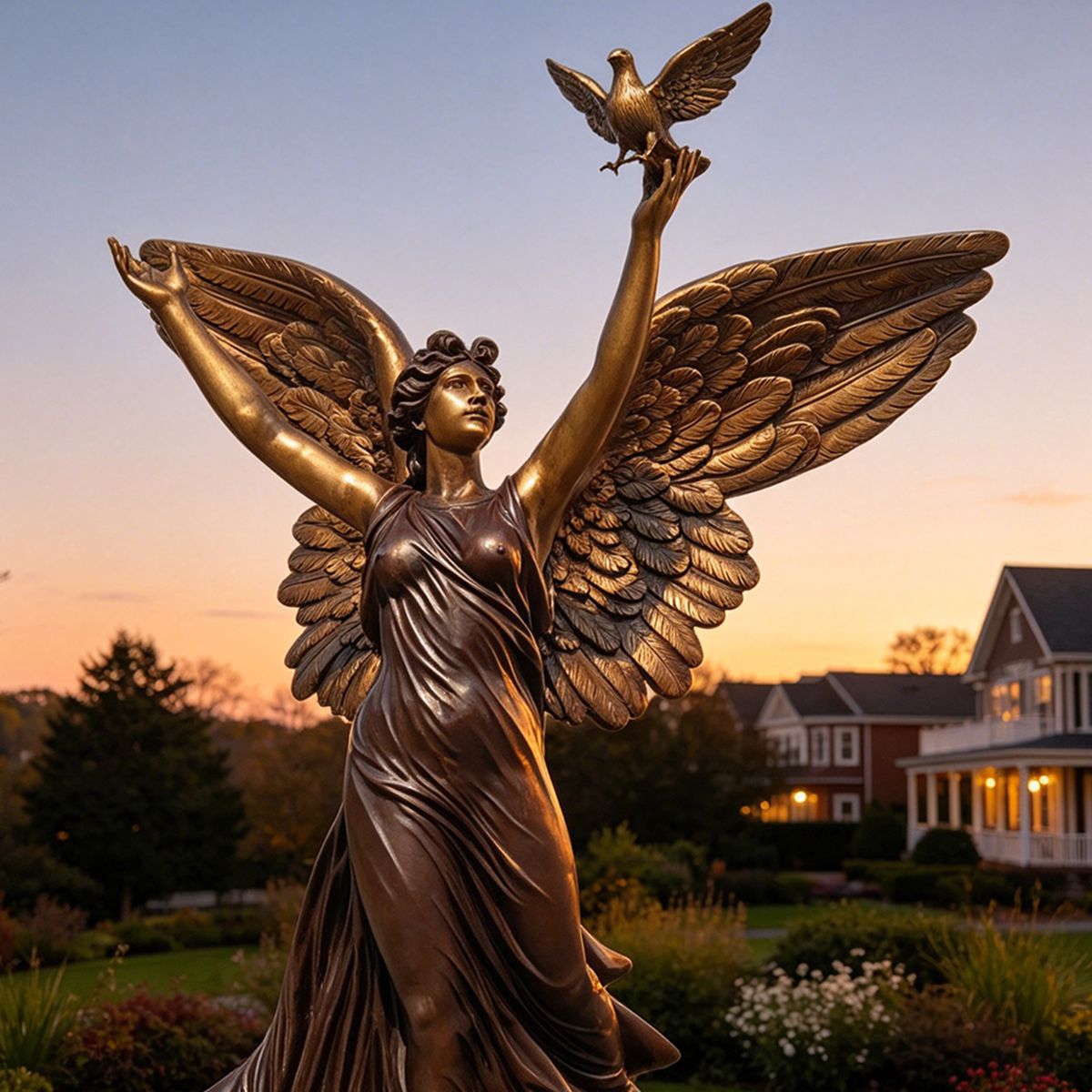 Brown Bronze Peaceful Angel Sculpture with Dove Garden Statue