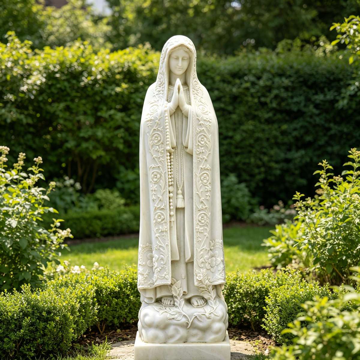 Hand-Carved Natural White Marble Our Lady of Fatima Statue with Ornate Cloak and Cloud Base for Outdoor Garden, Church, and Sanctuary Decor