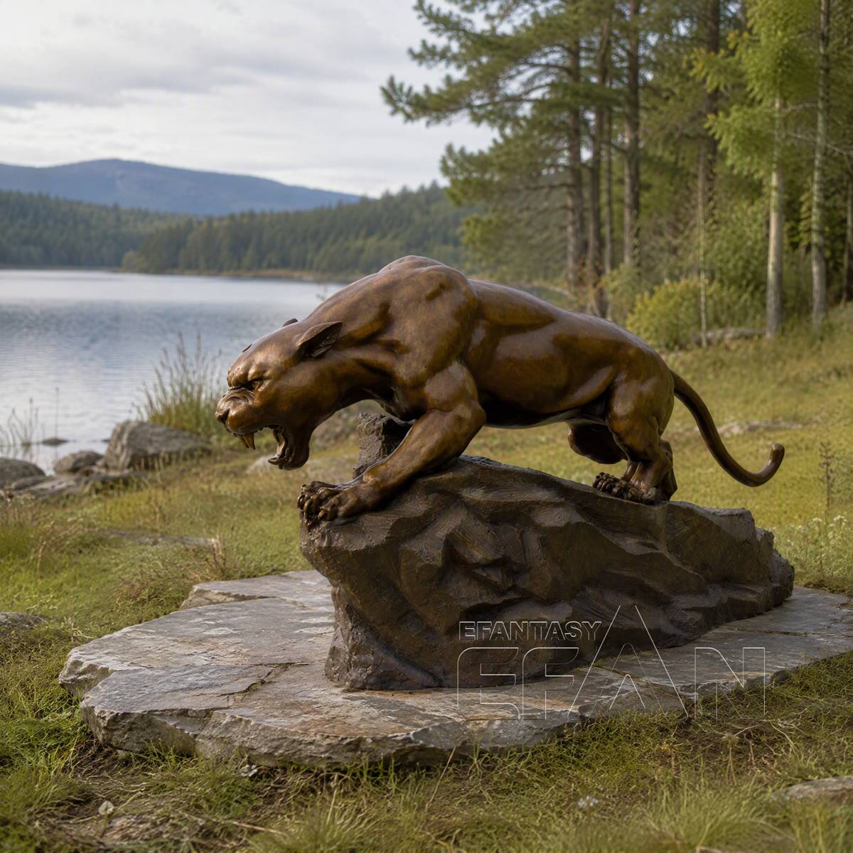 Large Antique Gold Bronze Roaring Panther Sculpture on Rock