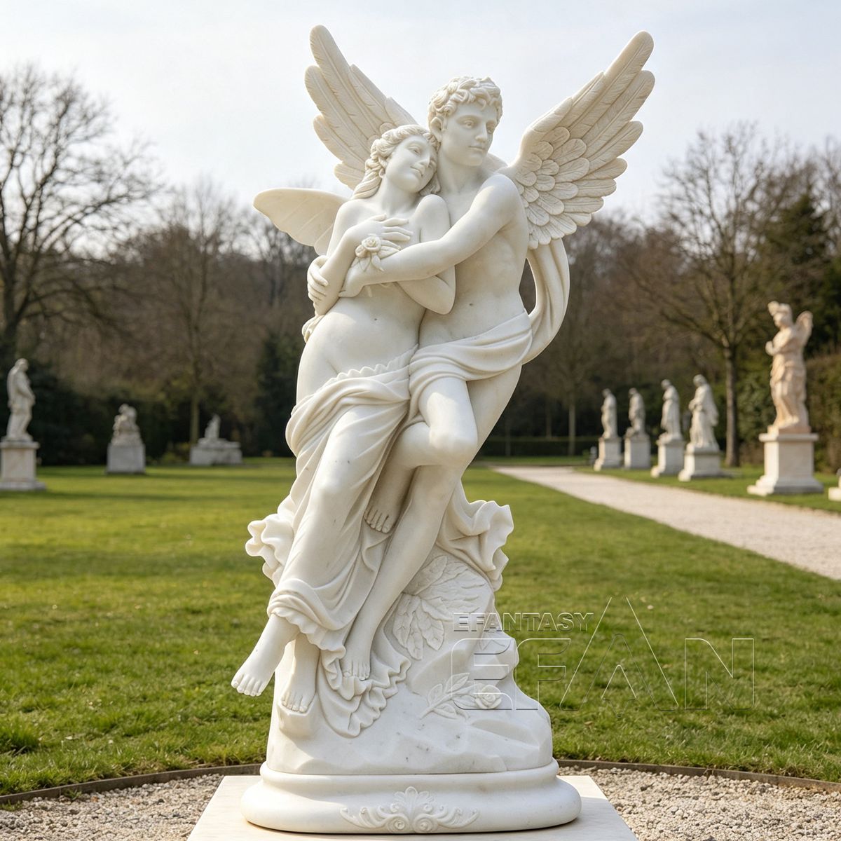 Hand-Carved Marble Cupid and Psyche Statue - 60" White Garden Sculpture