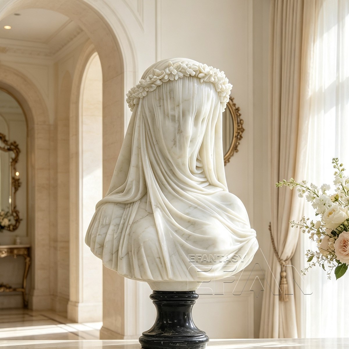 Marble Veiled Virgin Sculpture with Floral Crown for Living Room & Library & Hotel Lobby