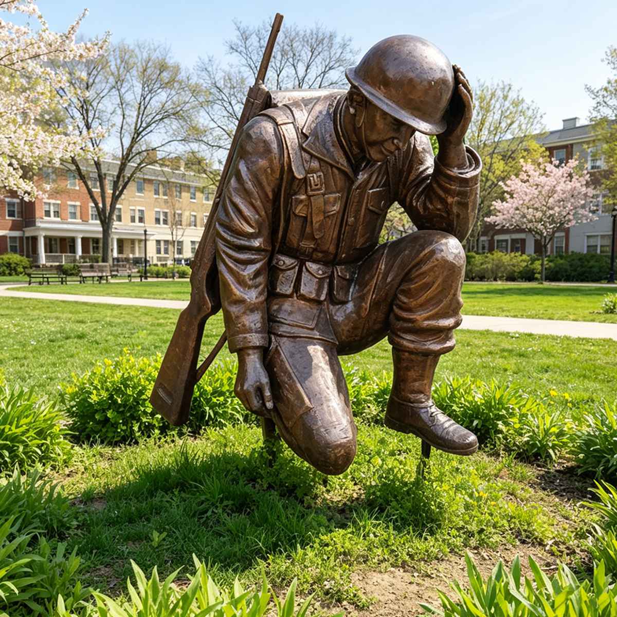 Realistic Bronze Military Memorial Kneeling Soldier Sculpture
