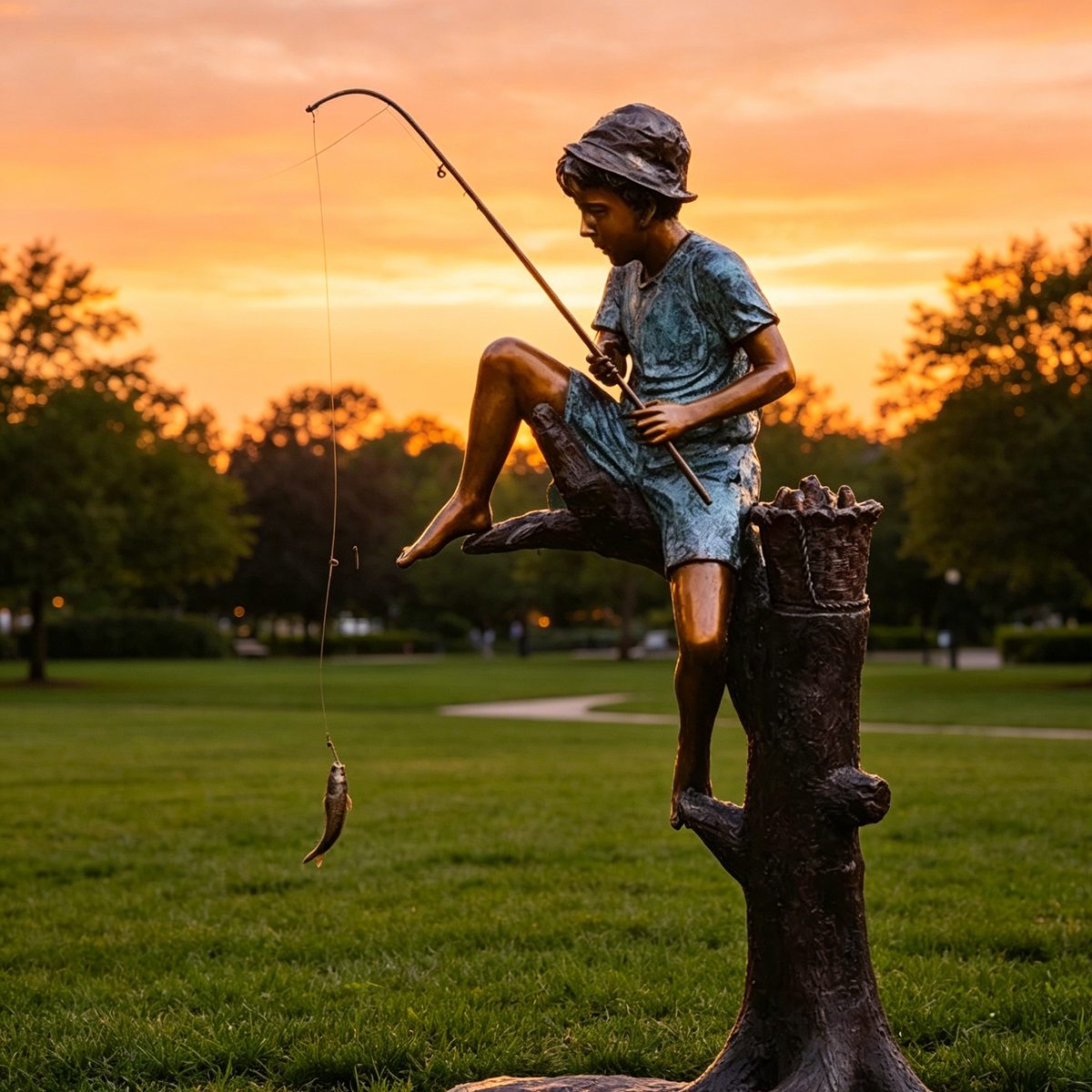 Bronze Tree Perched Fishing Boy Sculpture EFB-24