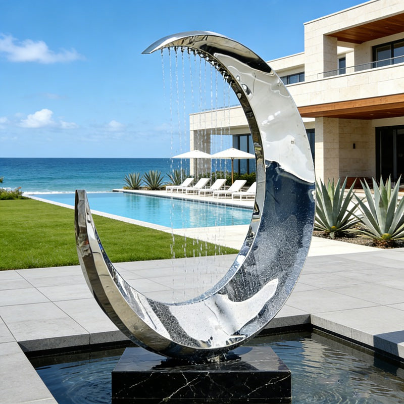 Stainless Steel Crescent Wave Water Fountain Sculpture