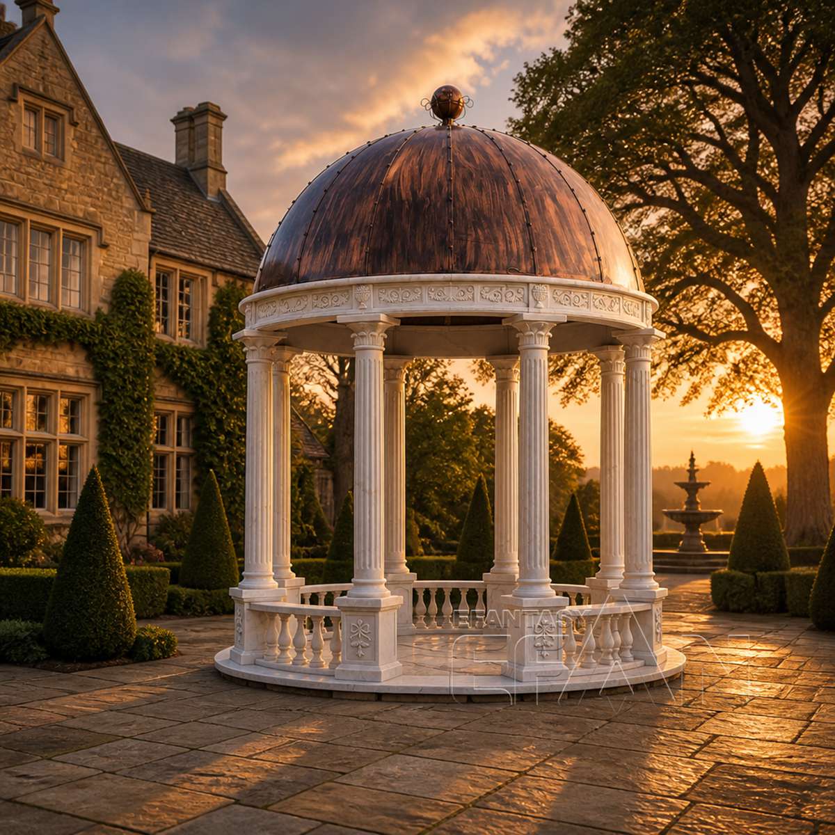 White Marble Wedding Gazebo with Copper Dome for Garden Venues