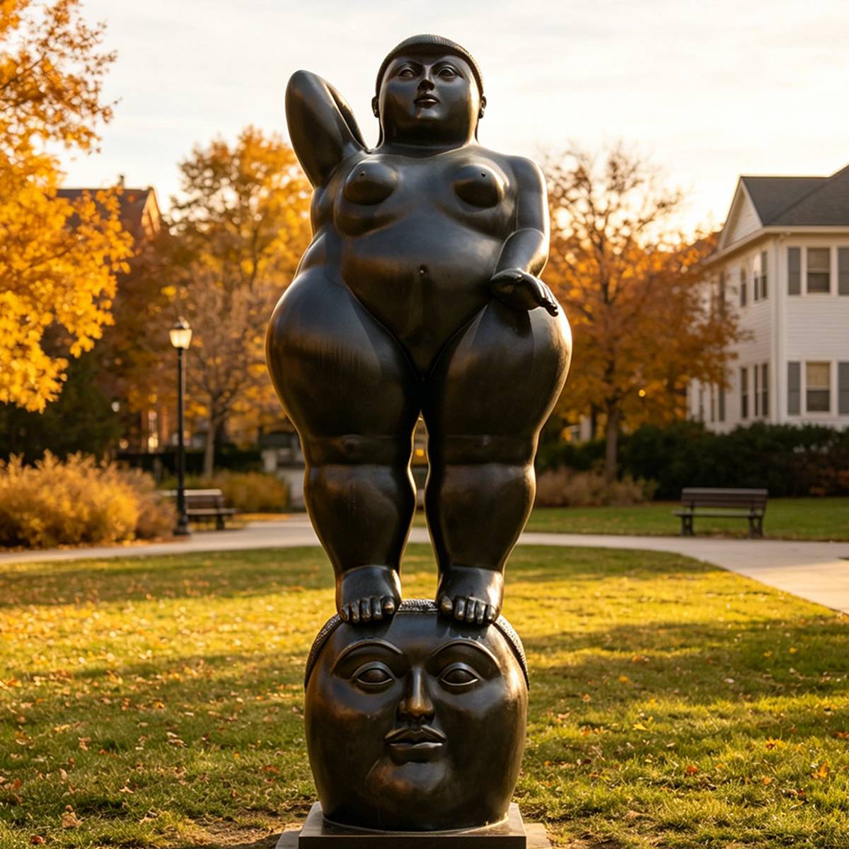 Botero Abstract Standing Woman Bronze Sculpture on Head Base EFB-18