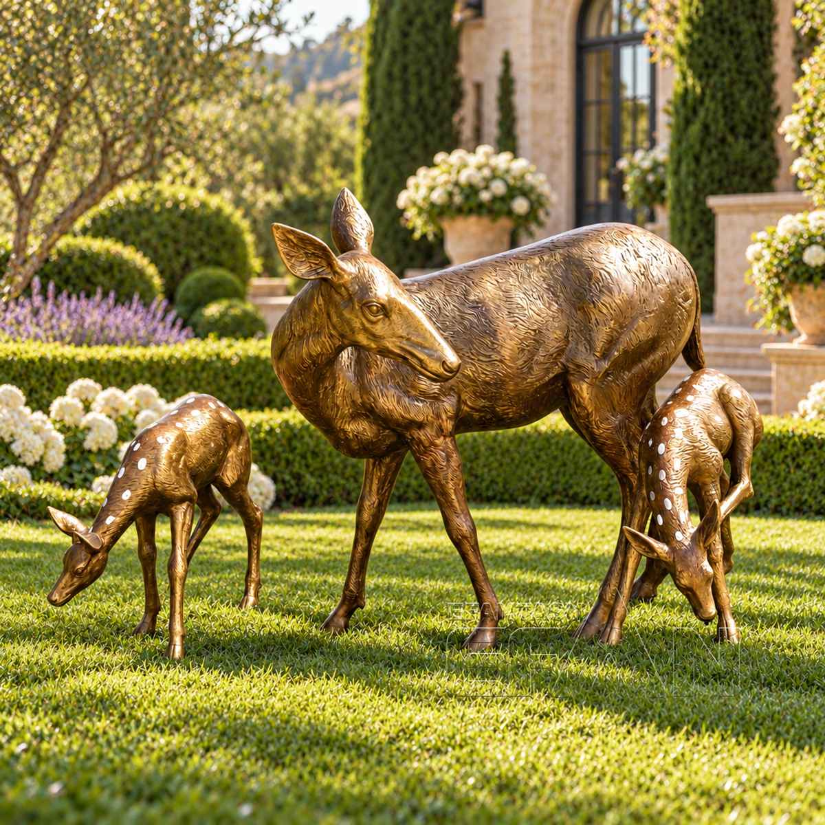 Mother deer and two fawns bronze outdoor sculpture group, product view 4