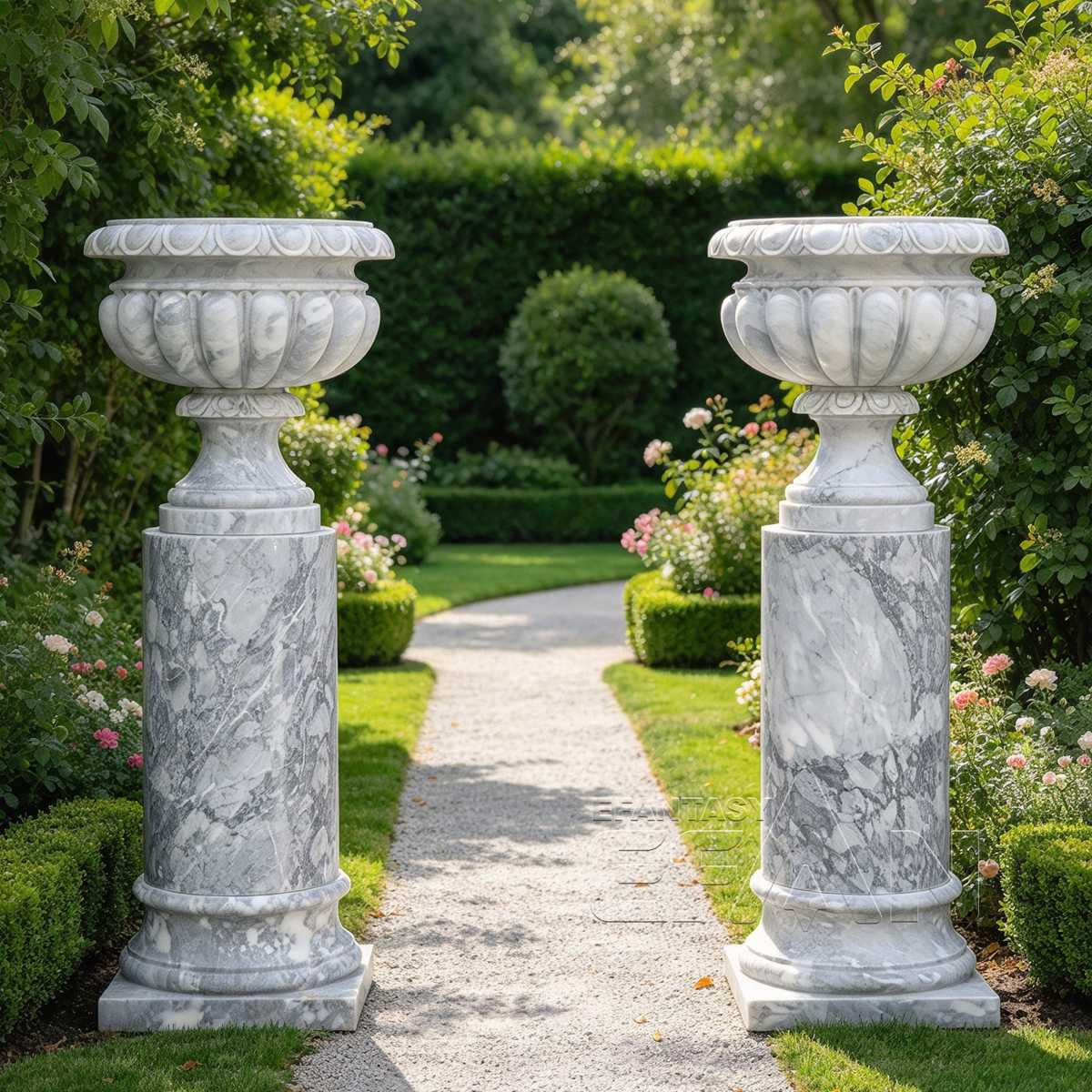 Pair of white and gray marble urn planters flanking a formal garden path