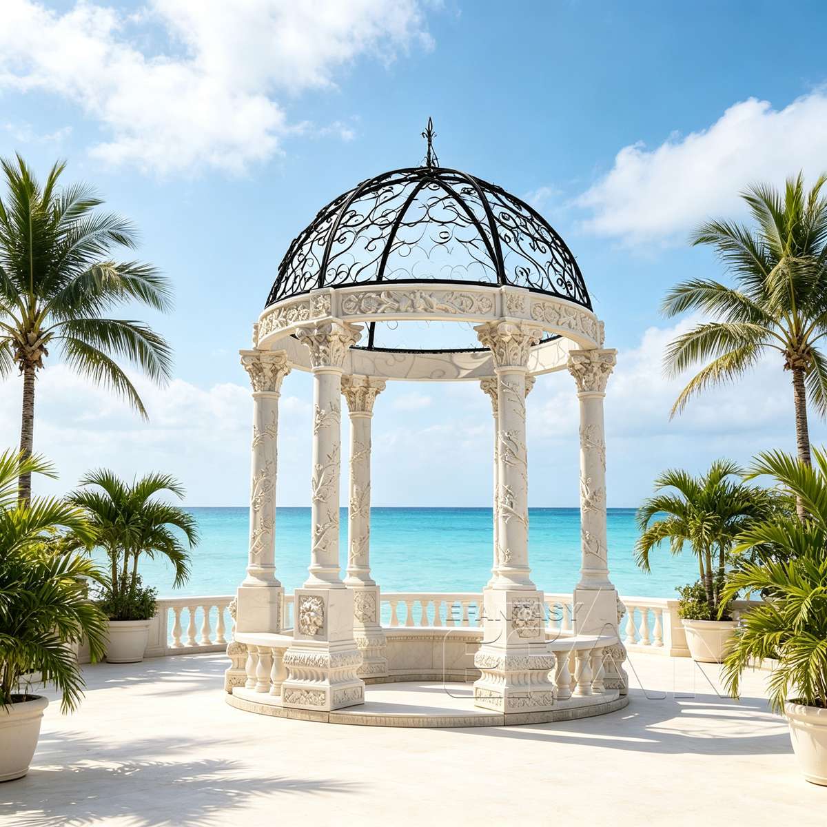 Hand-Carved Natural White Marble Gazebo with Twining Vine Corinthian Columns