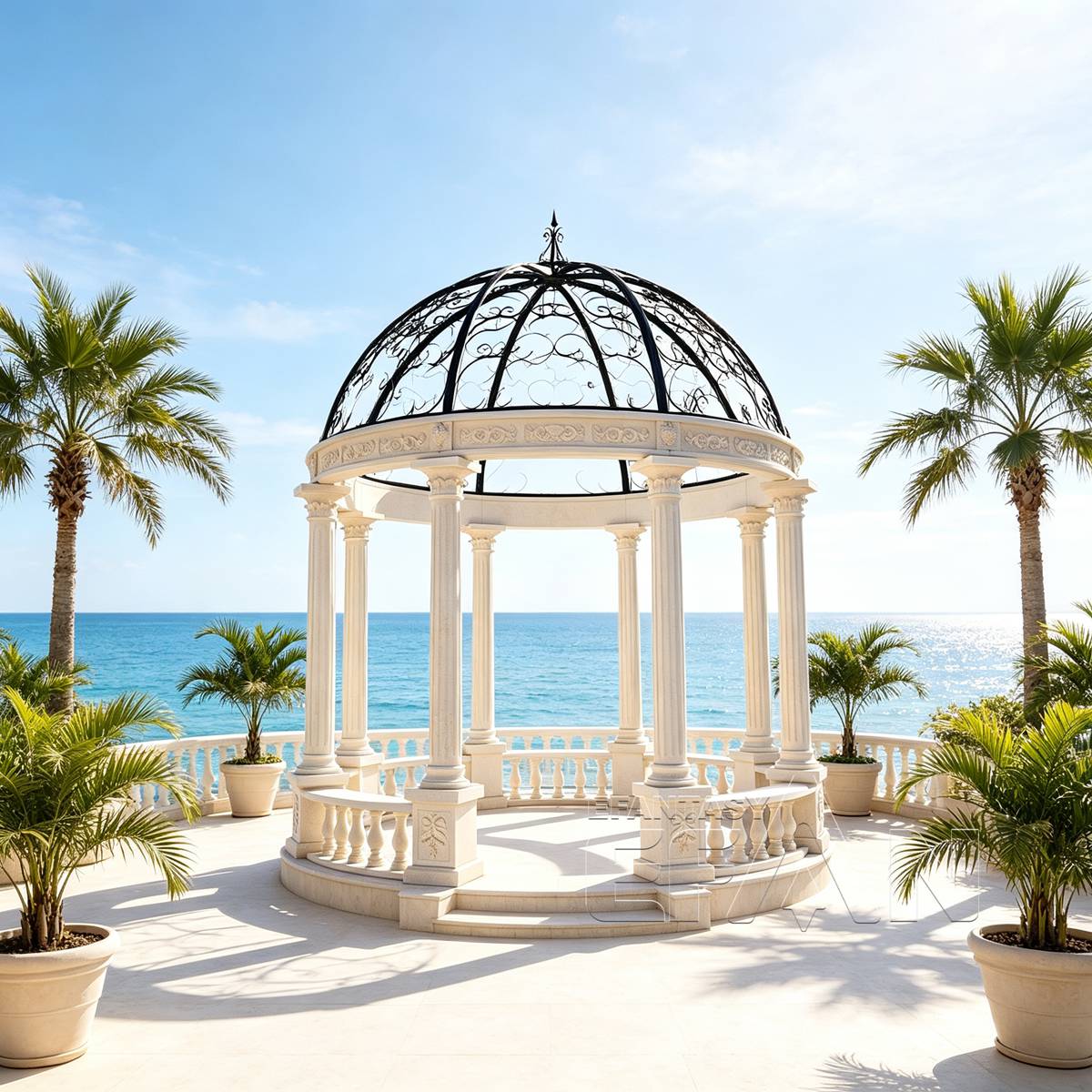 Natural Marble Gazebo with Fluted Roman Columns and Wrought Iron Dome