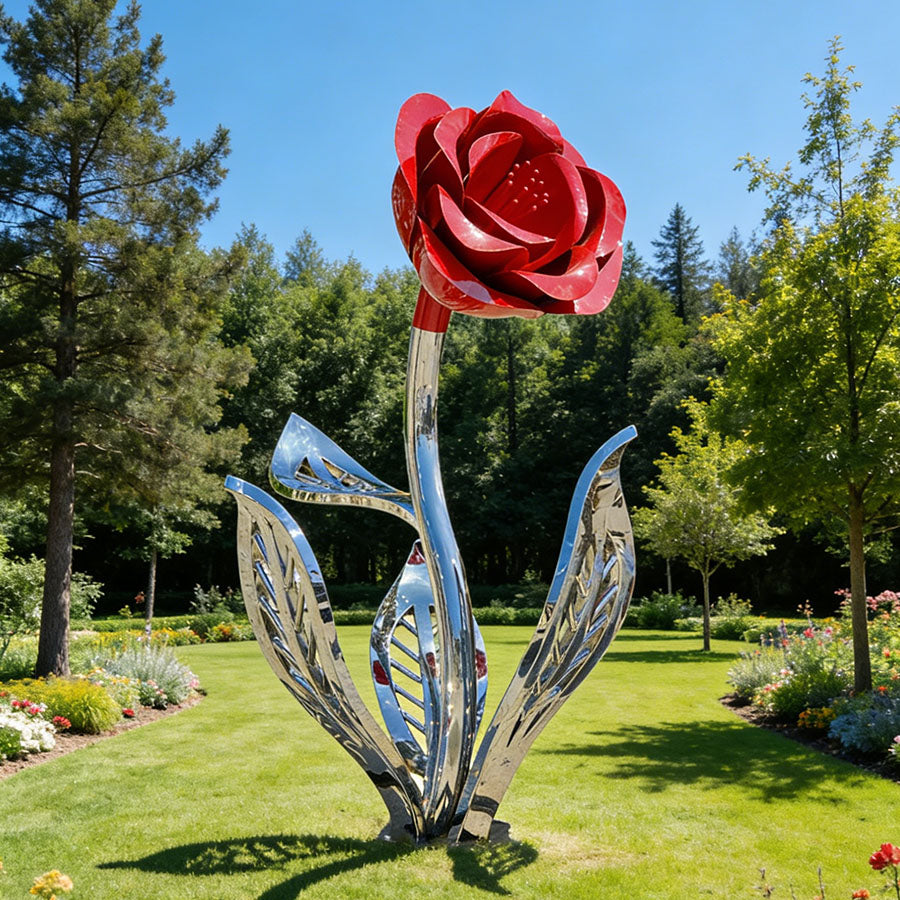Contemporary Red Rose Sculpture in Stainless Steel with Mirror Finish Stem