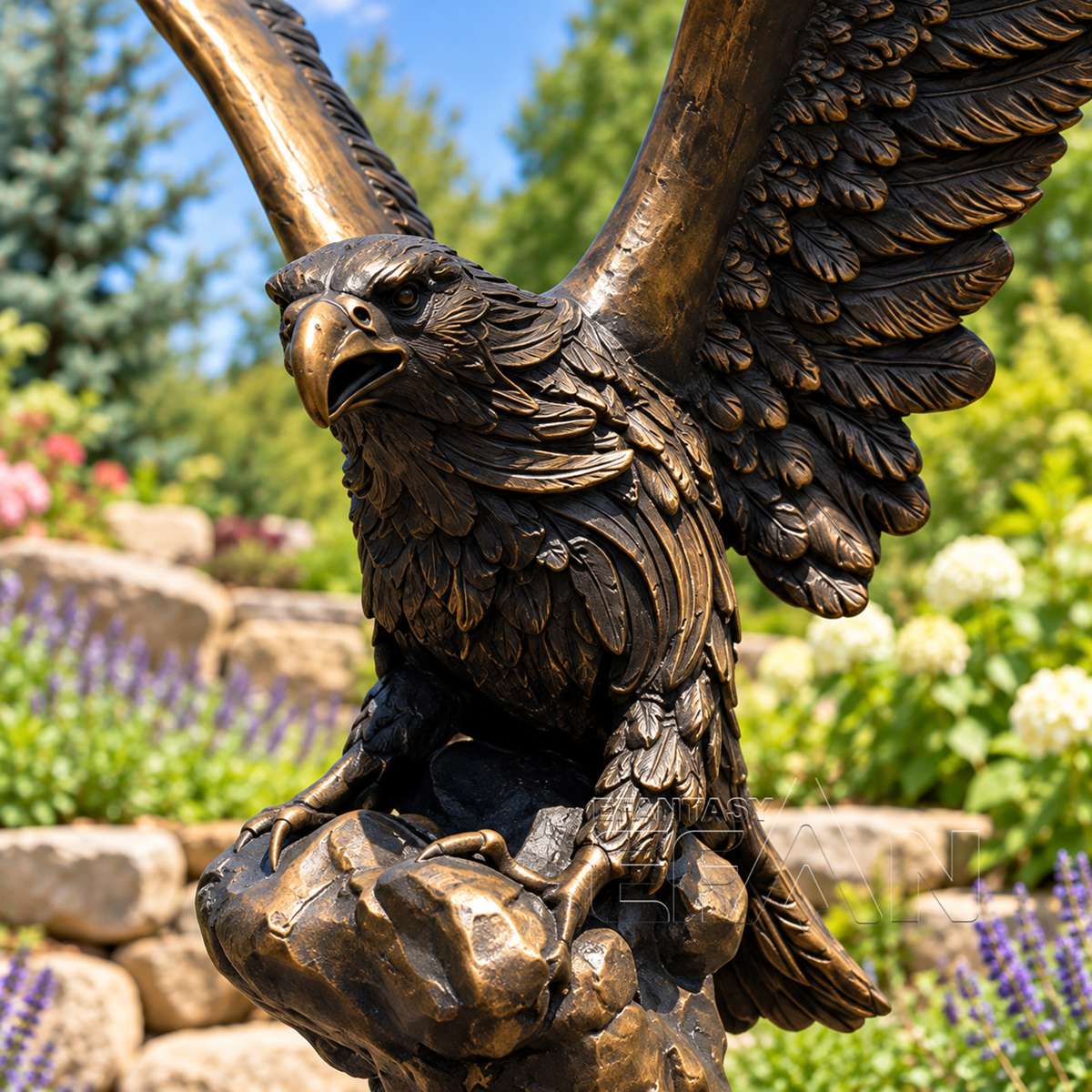 Bronze Eagle Statue with Spread Wings on Rock Base