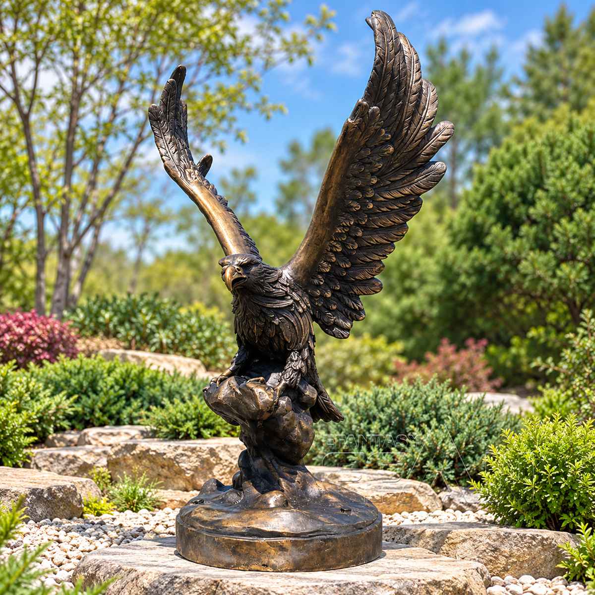 Bronze Eagle Statue with Spread Wings on Rock Base