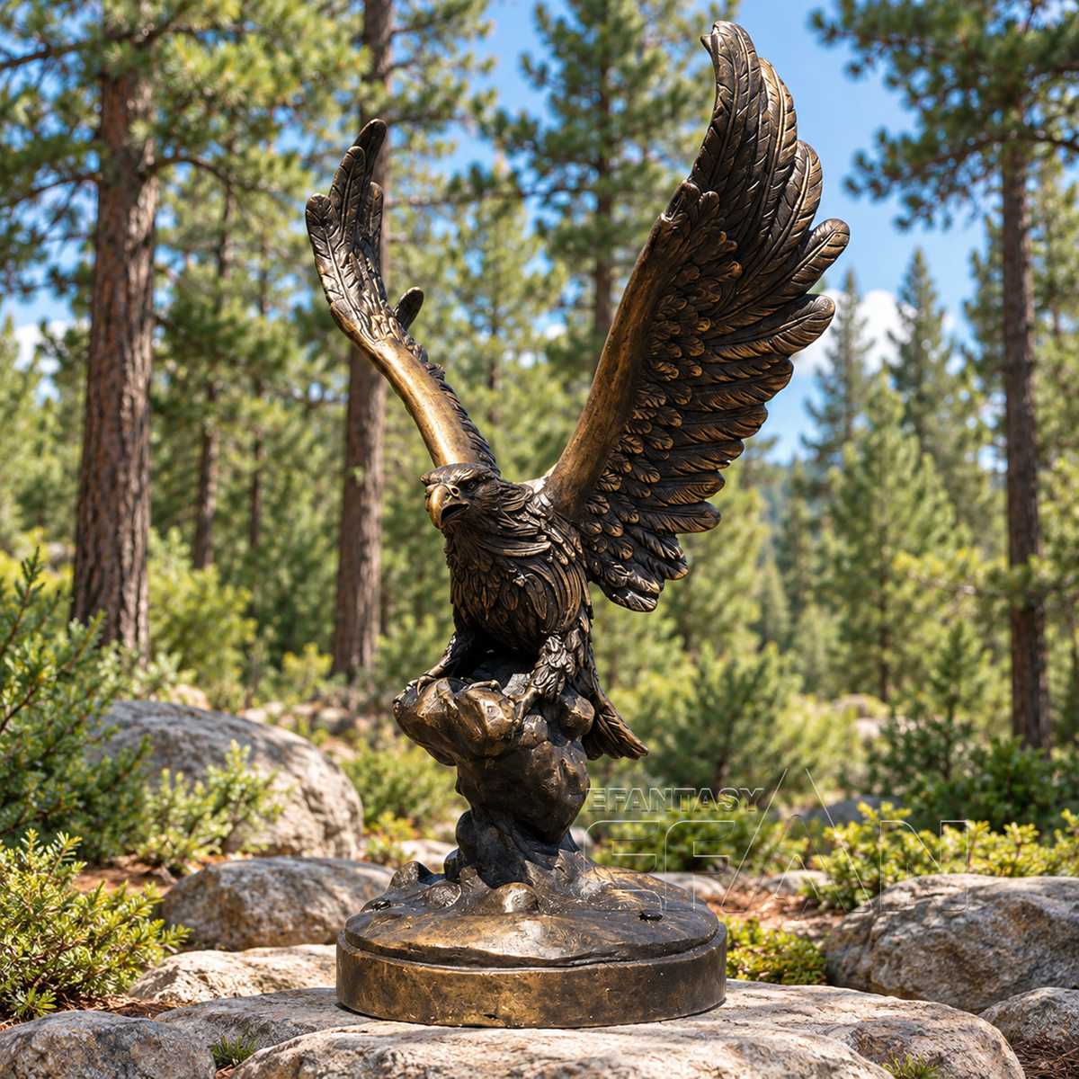 Bronze Eagle Statue with Spread Wings on Rock Base