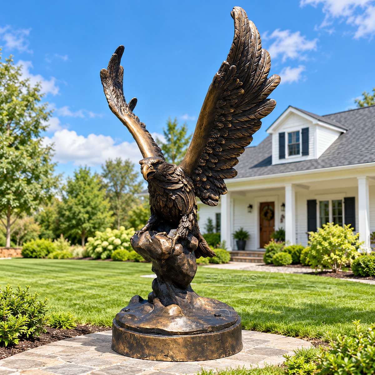 Bronze Eagle Statue with Spread Wings on Rock Base