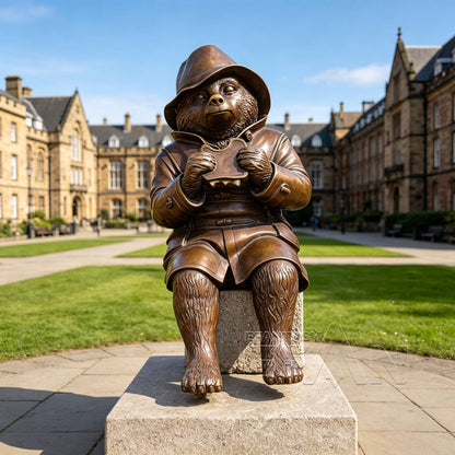 Bronze Sitting Bear Statue in Coat and Hat for Garden