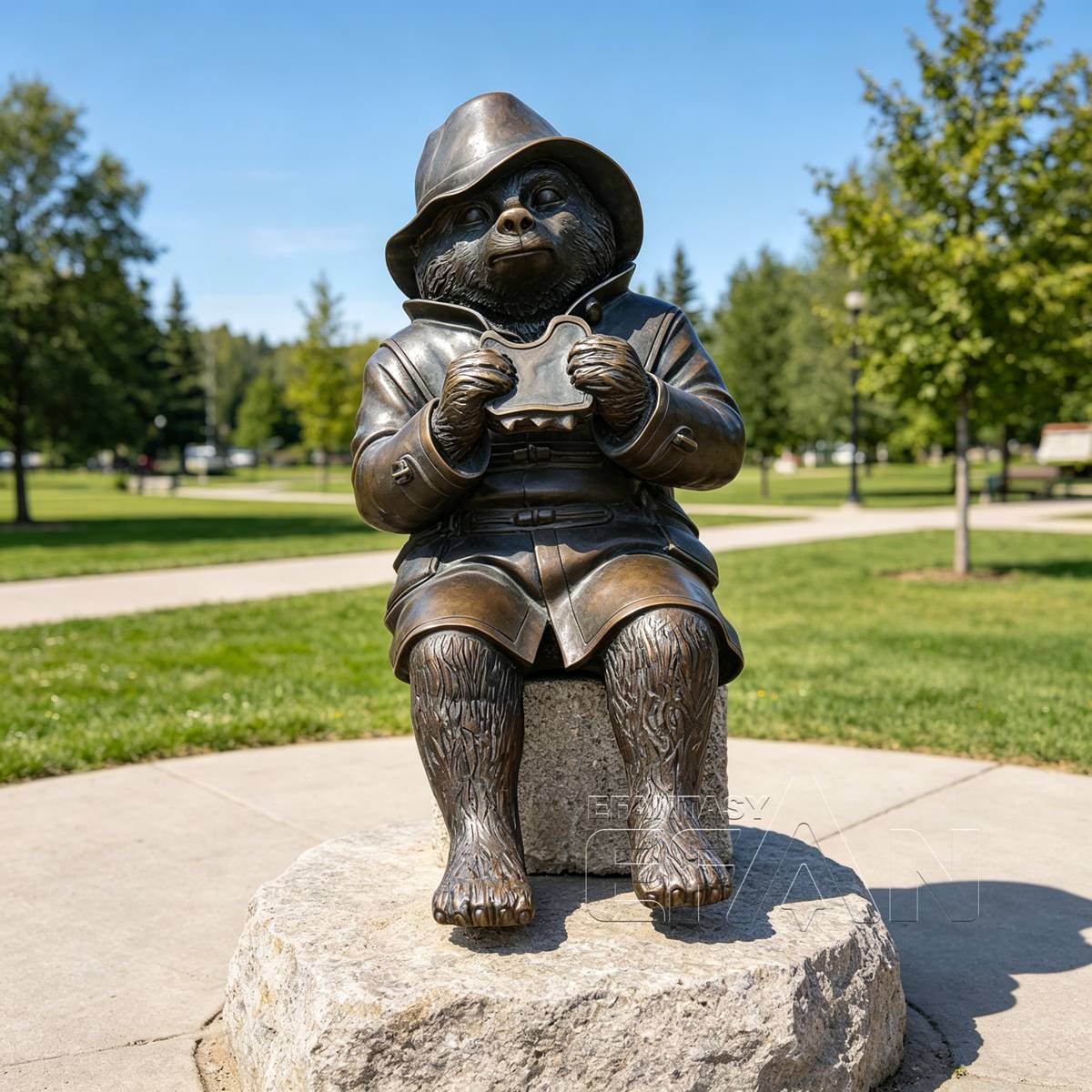 Bronze Sitting Bear Statue in Coat and Hat for Garden