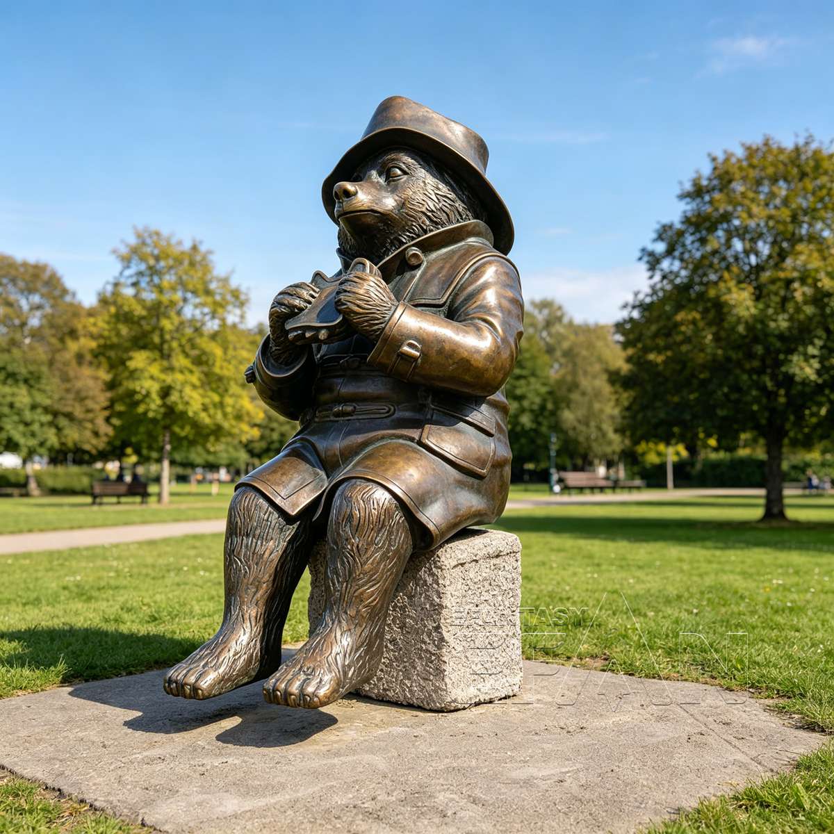 Bronze Sitting Bear Statue in Coat and Hat for Garden