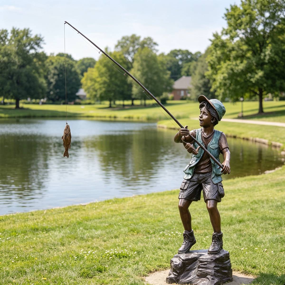 Life Size Bronze Fishing Boy Sculpture