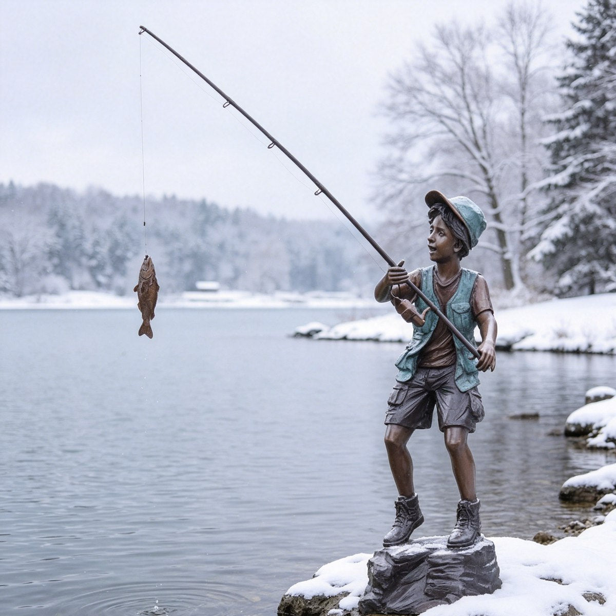 Life Size Bronze Fishing Boy Sculpture