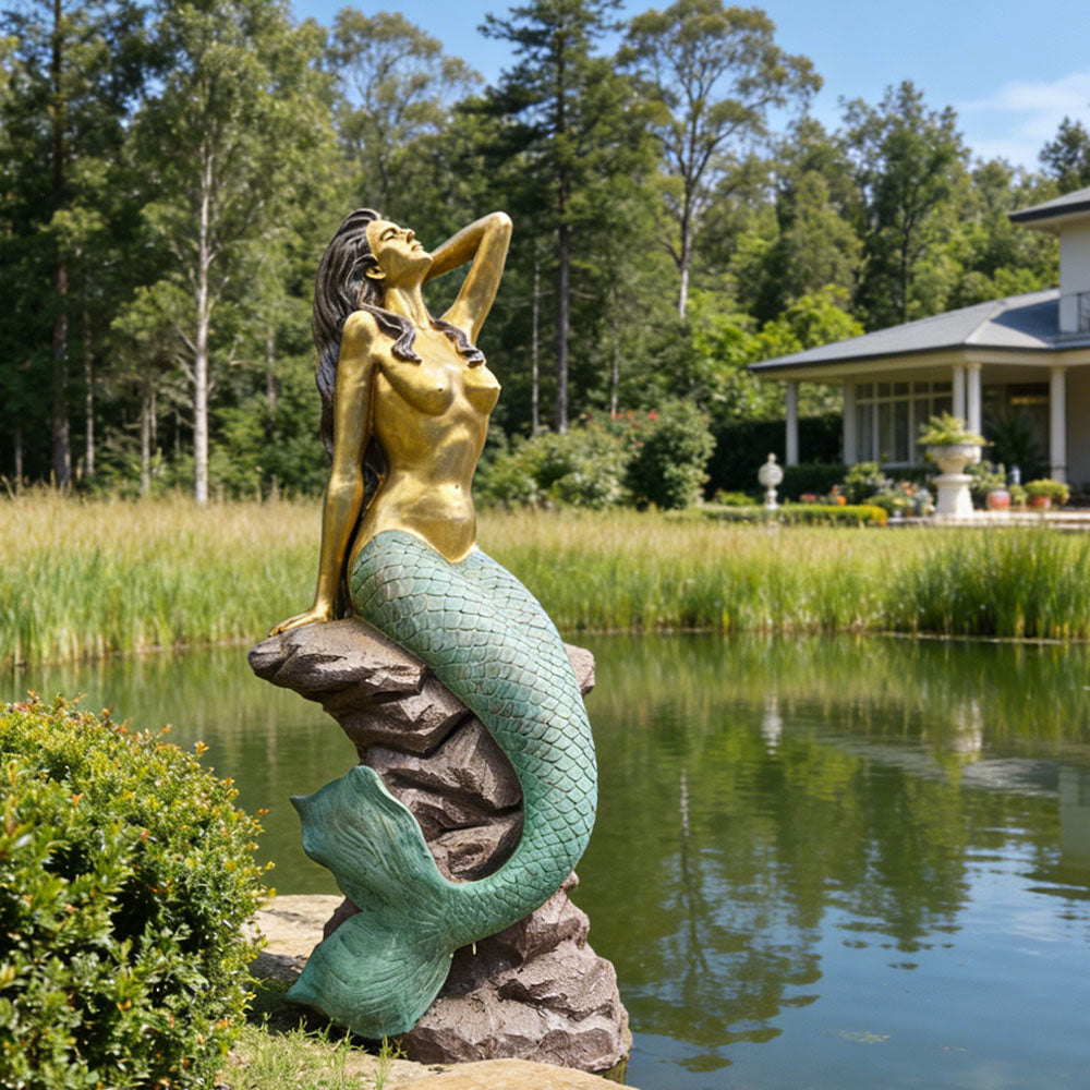 Bronze Mermaid Sitting Rock Base Sculpture