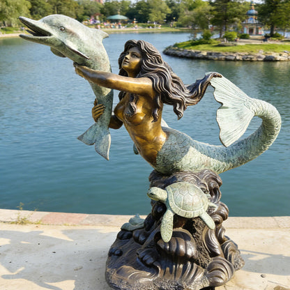 Large Bronze Mermaid with Dolphin Sculpture for Garden and Pool Side