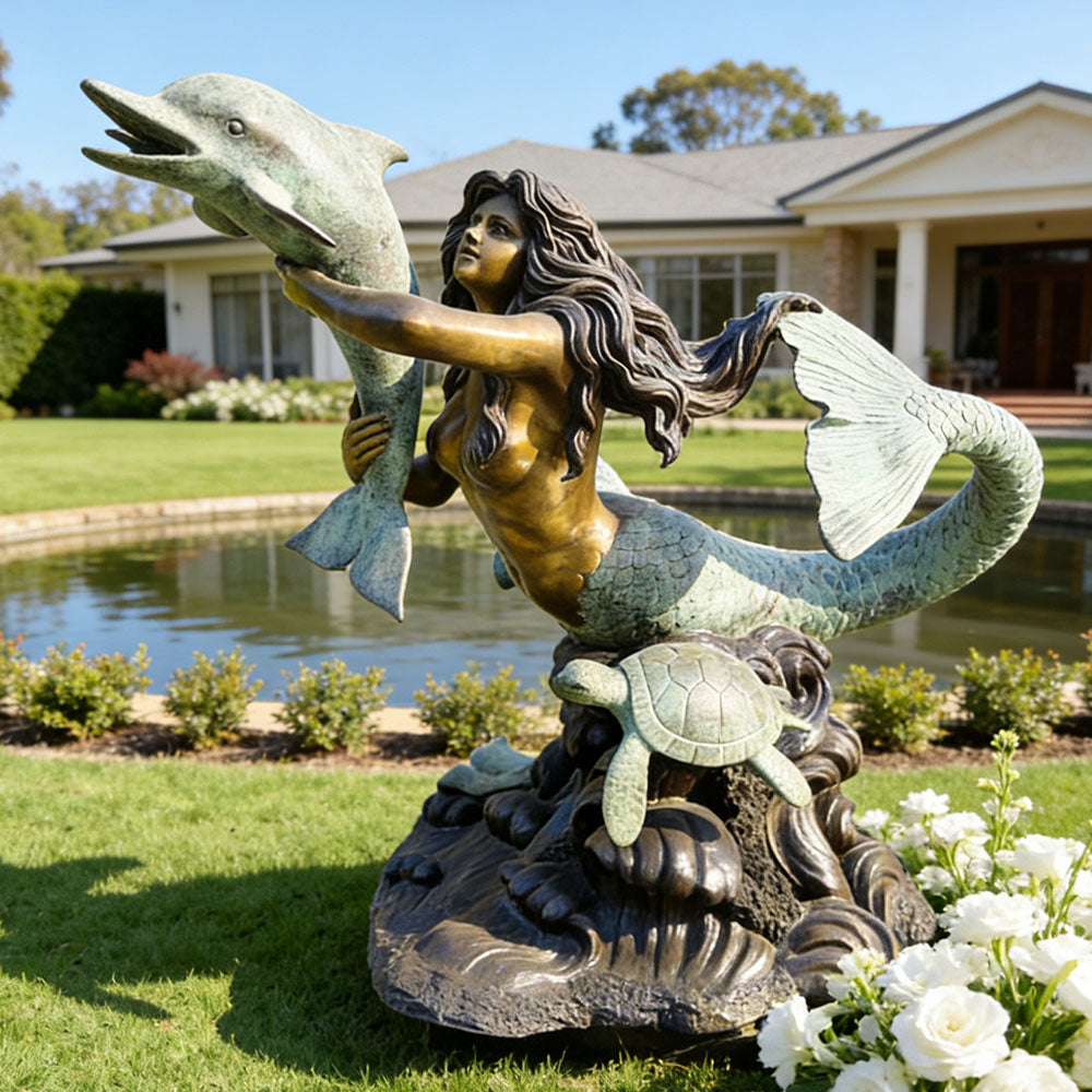 Large Bronze Mermaid with Dolphin Sculpture for Garden and Pool Side