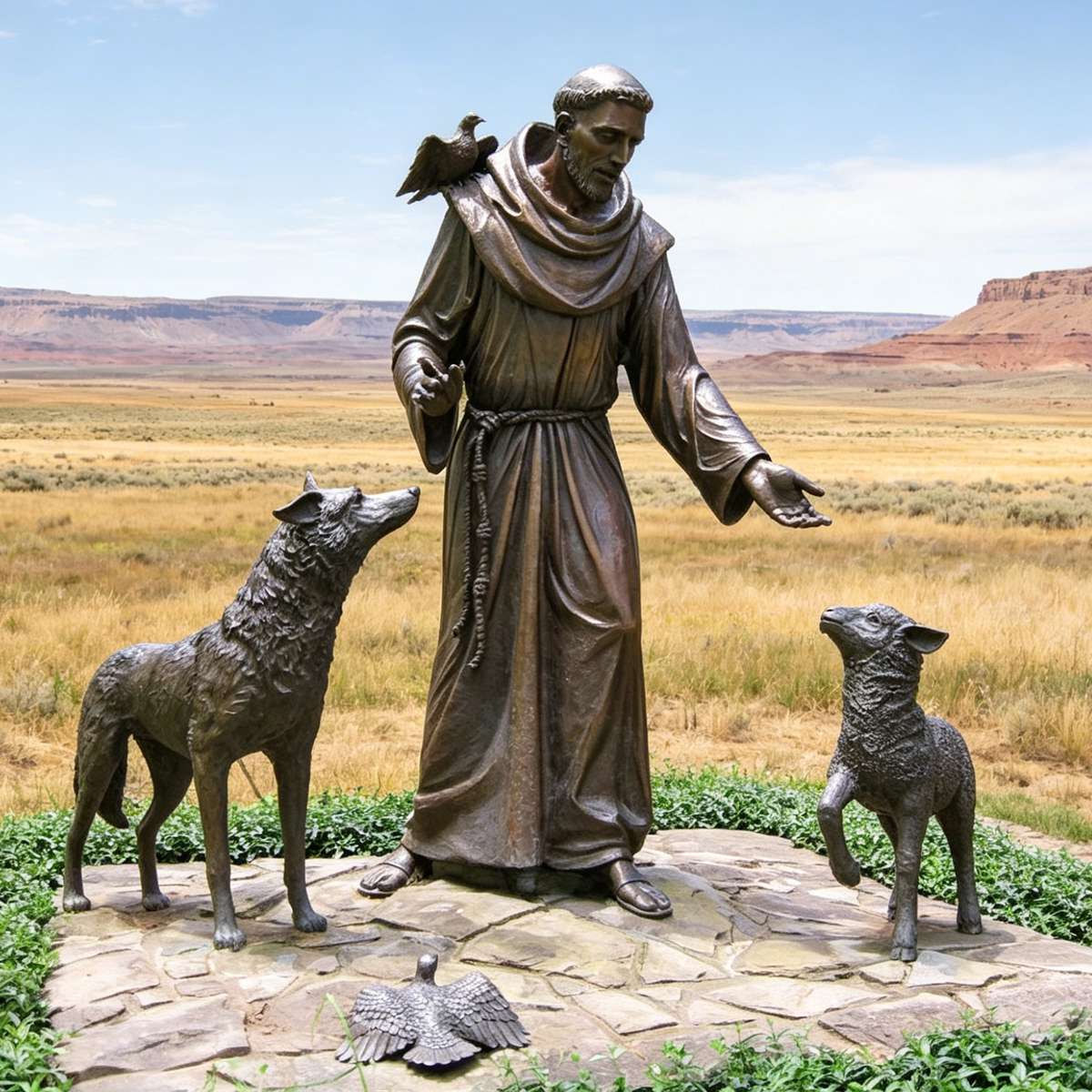 Bronze St. Francis of Assisi with Animals Sculpture - Religious Outdoor Garden Statue