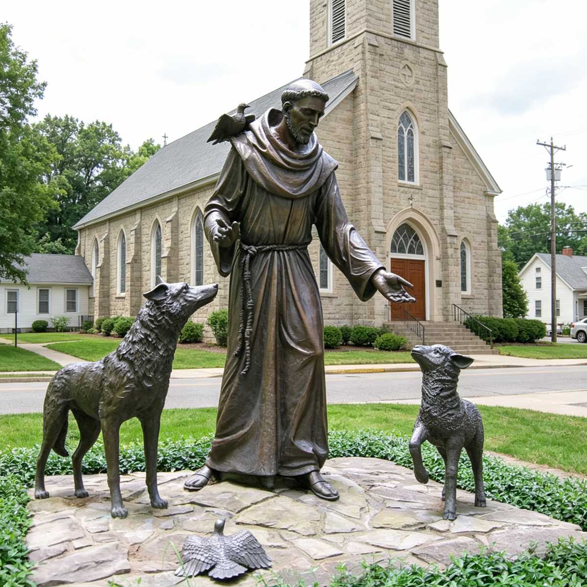 Bronze St. Francis of Assisi with Animals Sculpture - Religious Outdoor Garden Statue