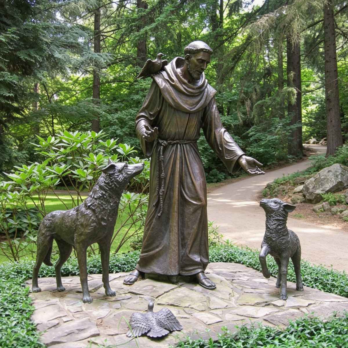 Bronze St. Francis of Assisi with Animals Sculpture - Religious Outdoor Garden Statue