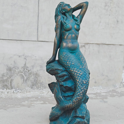 Bronze Mermaid Sitting Rock Base Sculpture