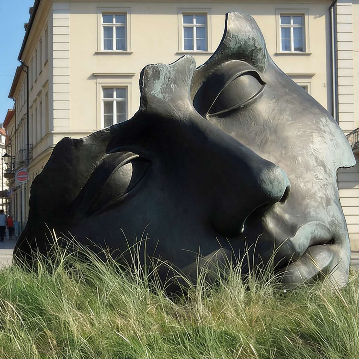Bronze Sleeping Face Sculpture in Lavender Field