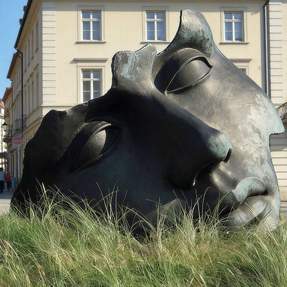 Bronze Sleeping Face Sculpture in Lavender Field