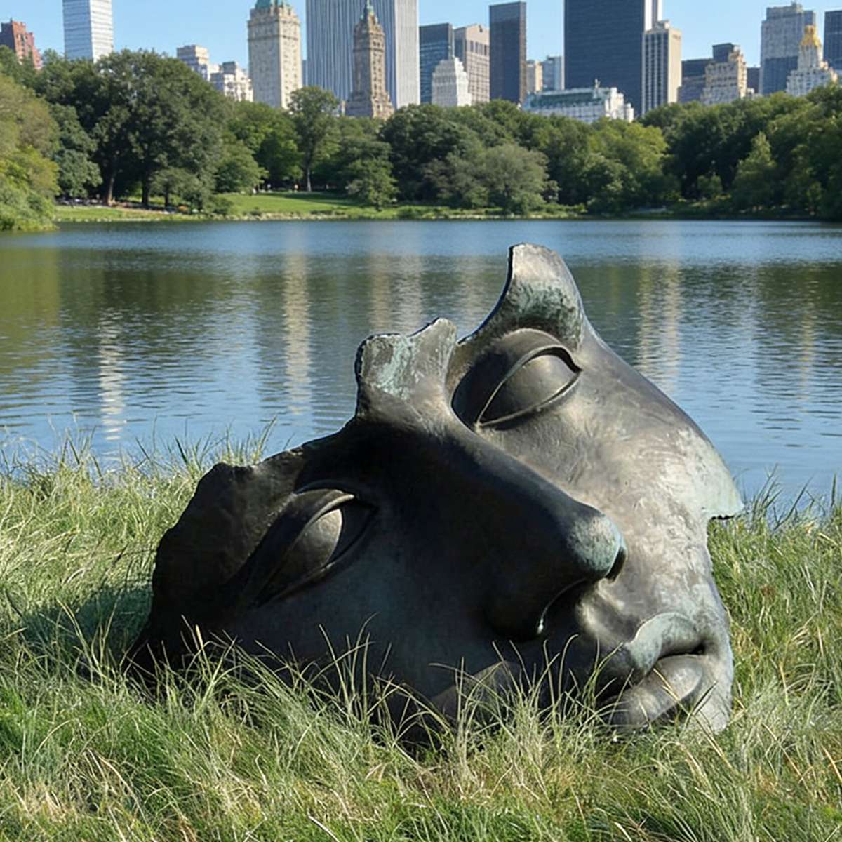 Bronze Sleeping Face Sculpture in Lavender Field