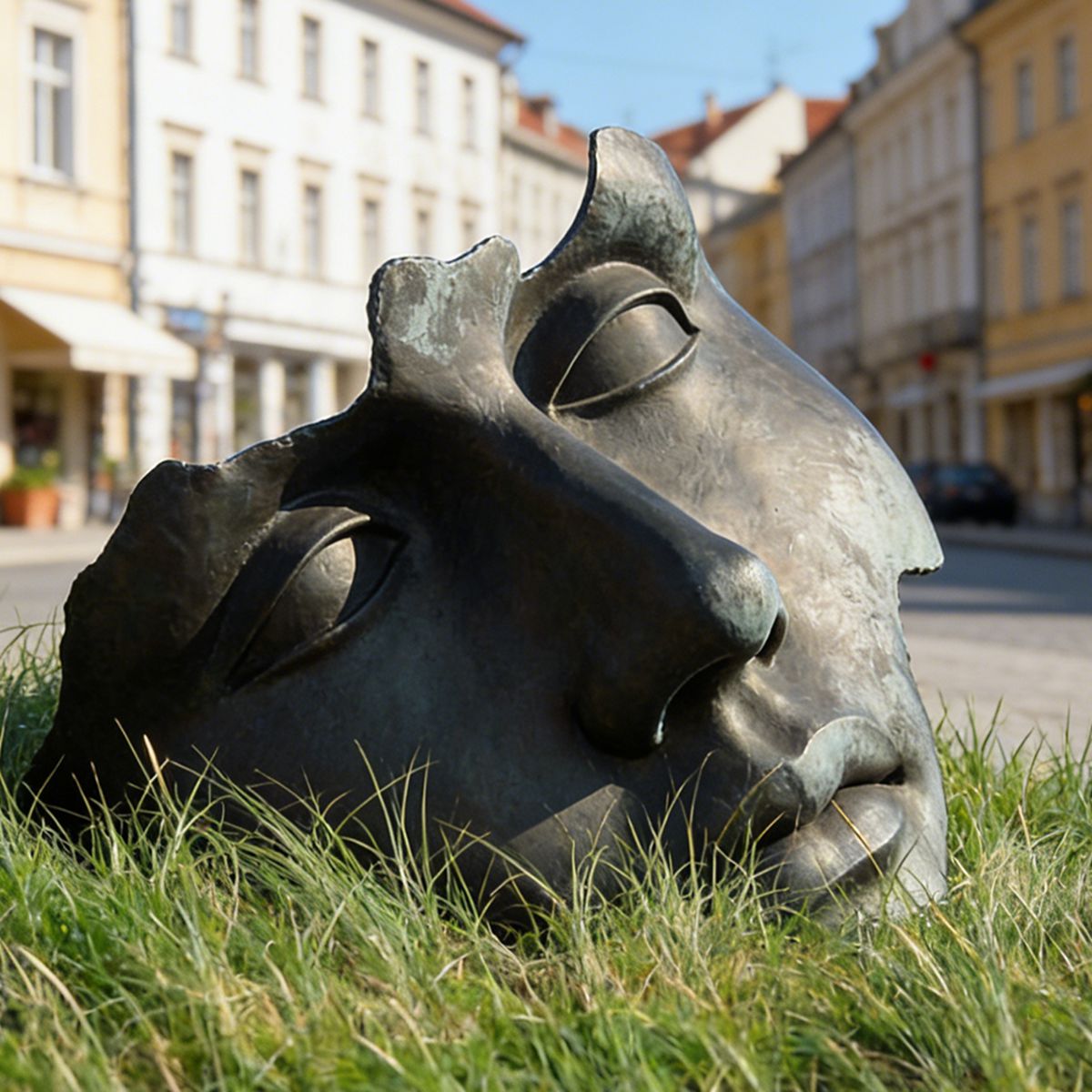 Bronze Sleeping Face Sculpture in Lavender Field
