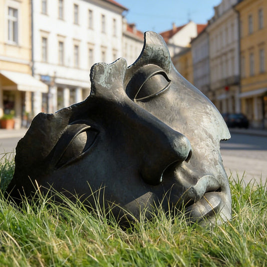 Bronze Sleeping Face Sculpture in Lavender Field