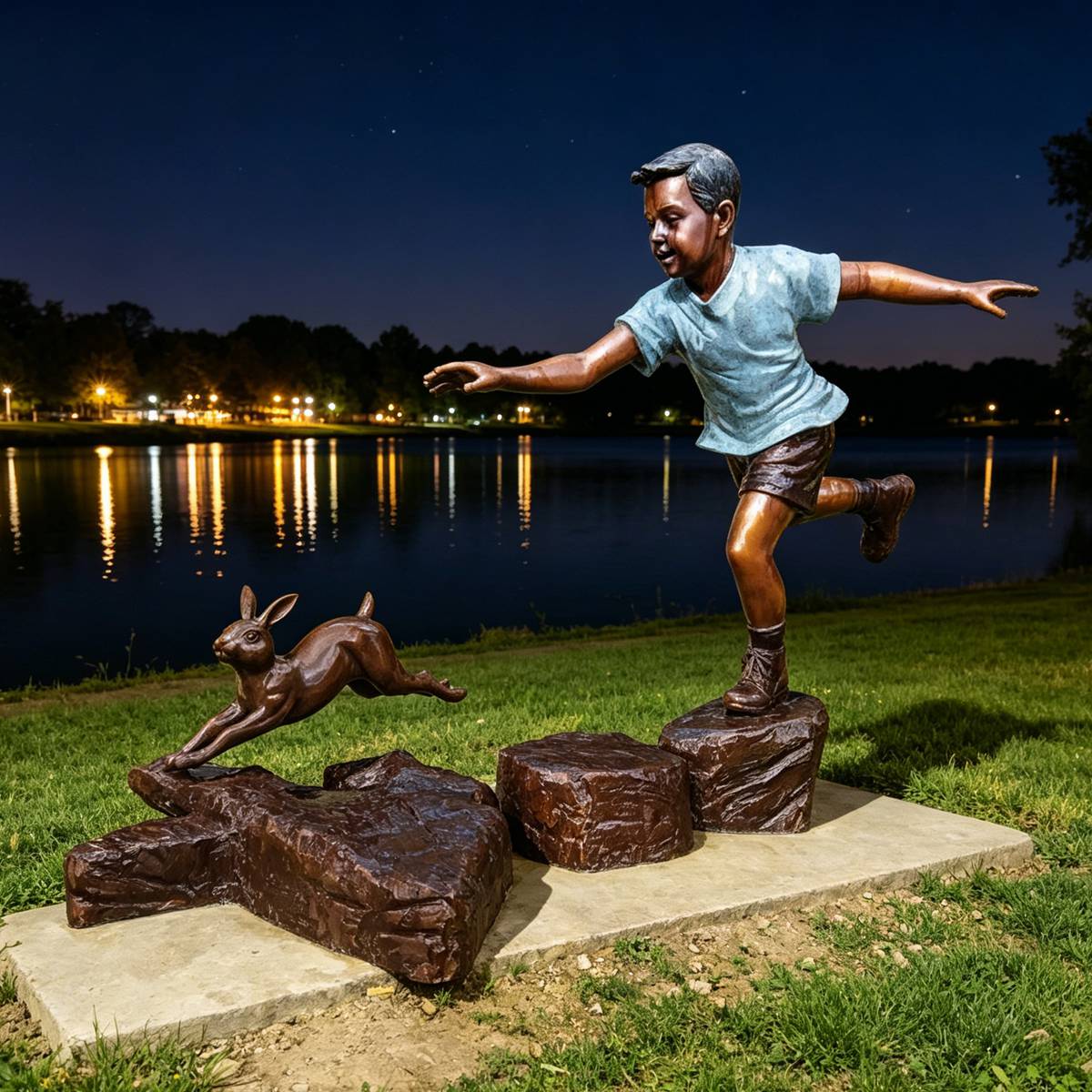 Outdoor Bronze Boy Chasing Rabbit Sculpture EFB-25