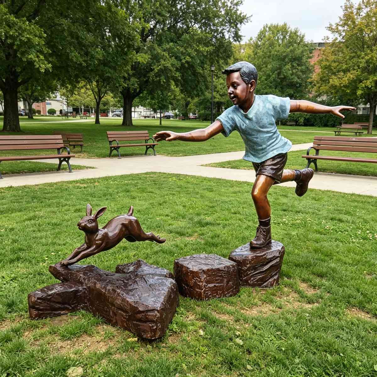 Outdoor Bronze Boy Chasing Rabbit Sculpture EFB-25