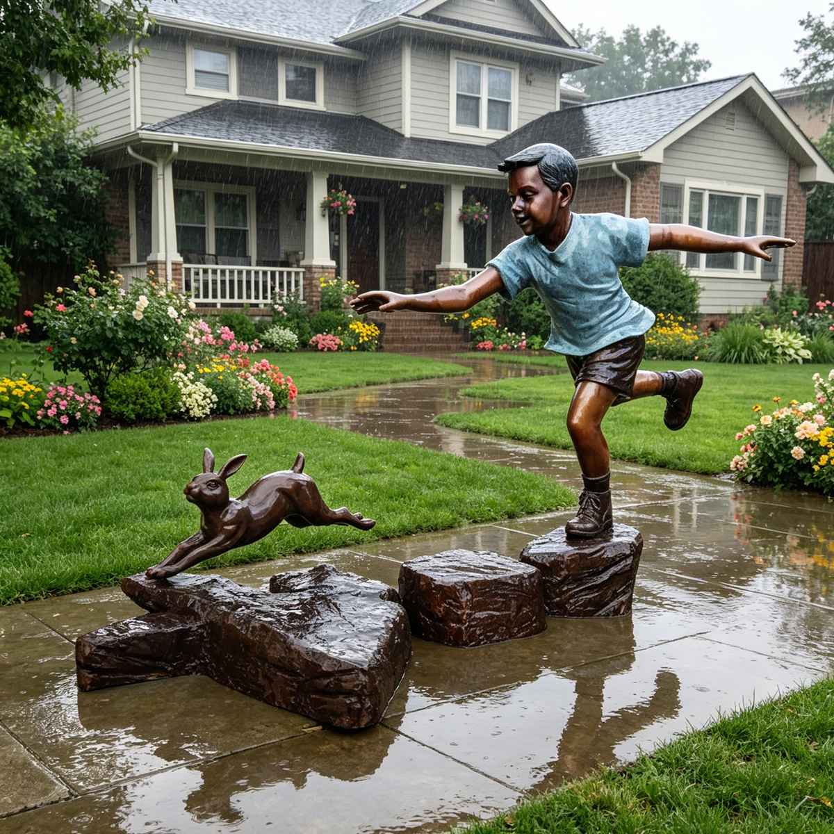 Outdoor Bronze Boy Chasing Rabbit Sculpture EFB-25