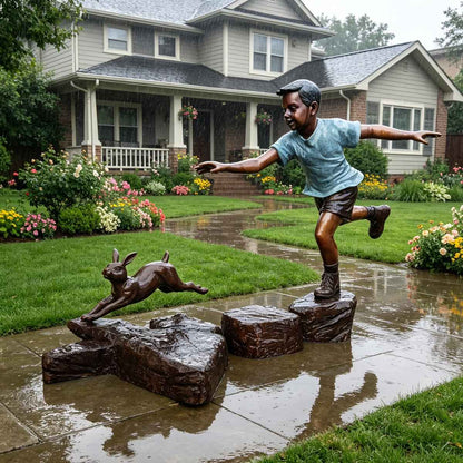 Outdoor Bronze Boy Chasing Rabbit Sculpture EFB-25