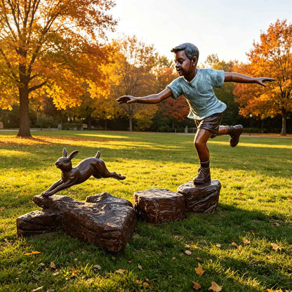 Outdoor Bronze Boy Chasing Rabbit Sculpture EFB-25