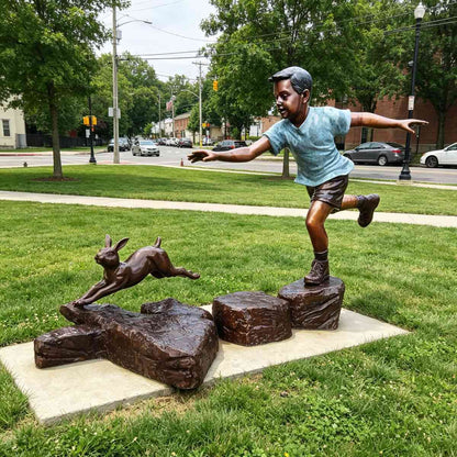 Outdoor Bronze Boy Chasing Rabbit Sculpture EFB-25