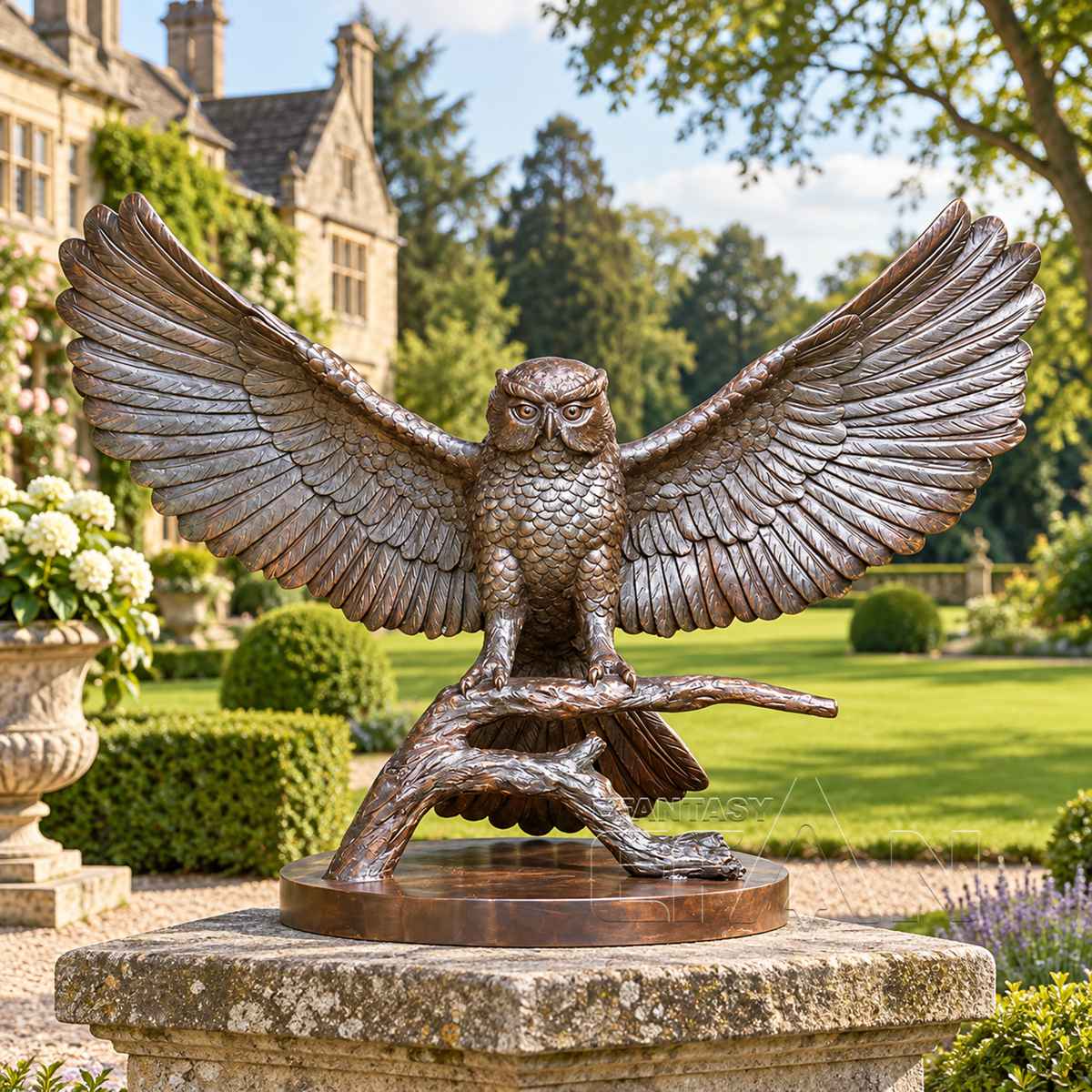 Brown Bronze Owl Statue with Spread Wings on Tree Branch for Garden & Estate
