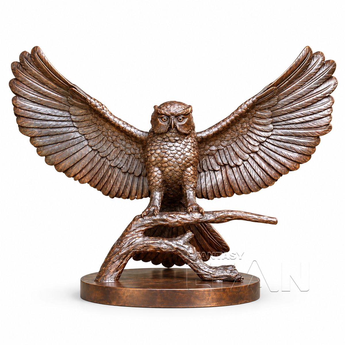 Brown Bronze Owl Statue with Spread Wings on Tree Branch for Garden & Estate