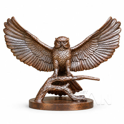 Brown Bronze Owl Statue with Spread Wings on Tree Branch for Garden & Estate