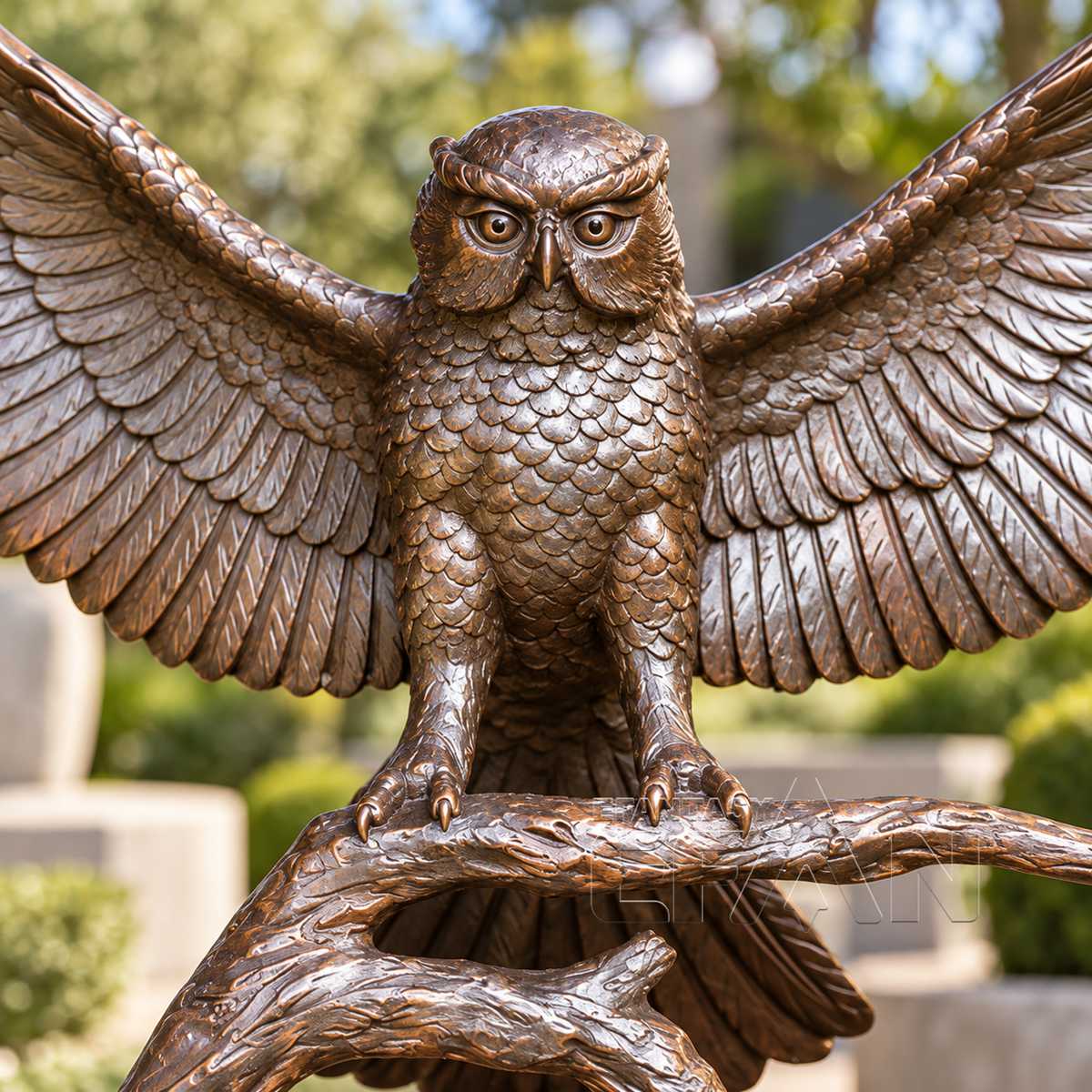 Brown Bronze Owl Statue with Spread Wings on Tree Branch for Garden & Estate