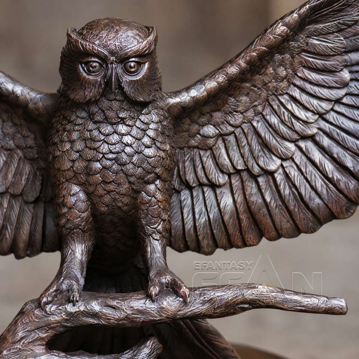 Brown Bronze Owl Statue with Spread Wings on Tree Branch for Garden & Estate