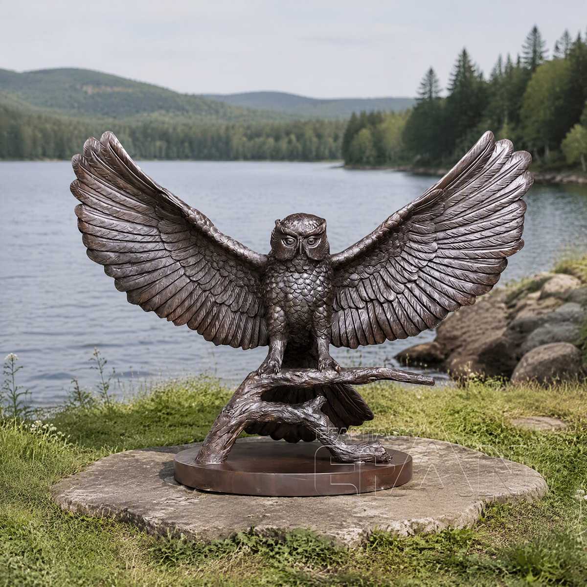 Brown Bronze Owl Statue with Spread Wings on Tree Branch for Garden & Estate