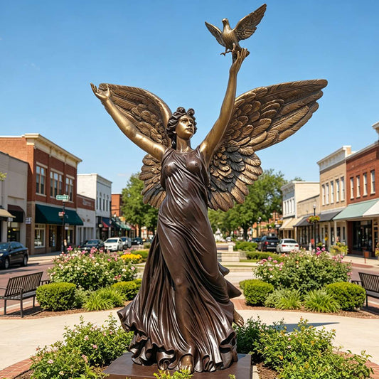 Brown Bronze Peaceful Angel Sculpture with Dove  Garden Statue